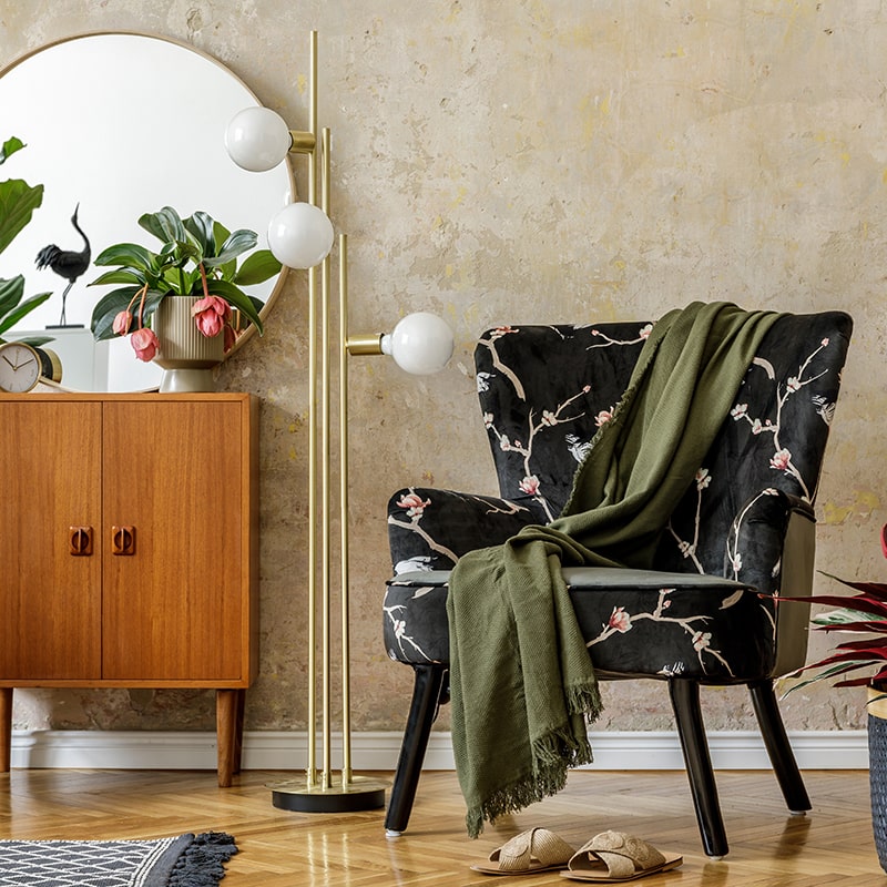 Modern Living Room Interior with Armchair and Wooden Décor